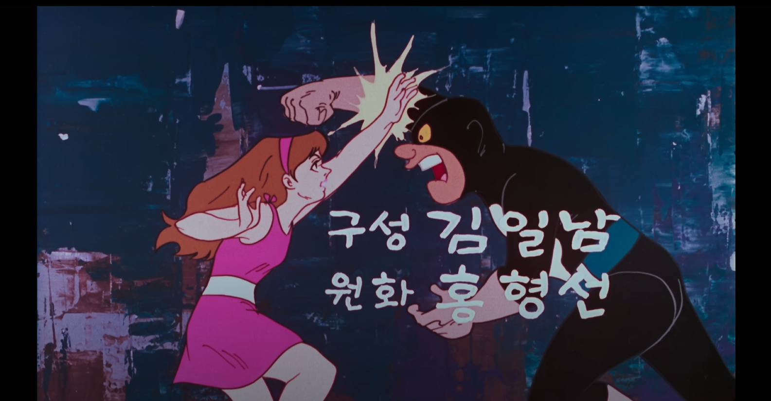 A girl in a pink dress defends from a punch by a man in all black.